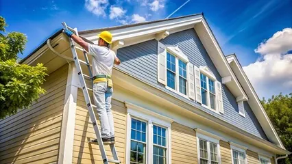Exterior house painter on a ladder painting a Kelowna home